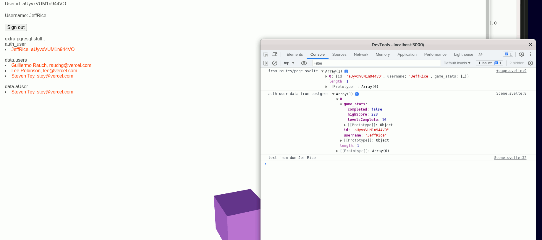 User data is available in the sveltekit pages and in the threeJS Scene